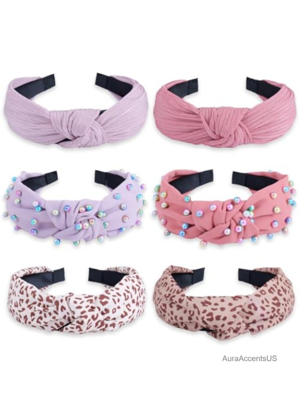 6Pc Knotted Headbands Pearl Embellished Fabric No Slip Wide Turban Hair